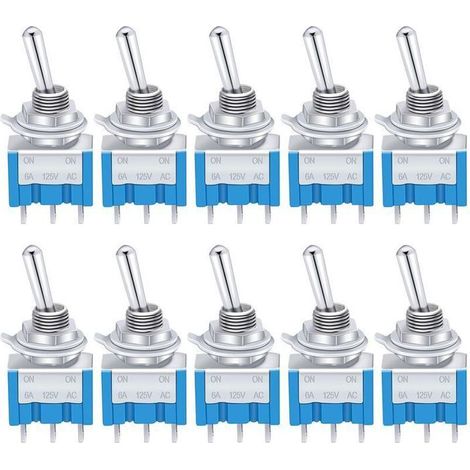 Interrupteur à levier - PZCC - Lot de 10 pièces - Bleu - Mini - SPDT - 3 bornes - 2 positions ON/OFF - 125V AC - 6A (1/4)