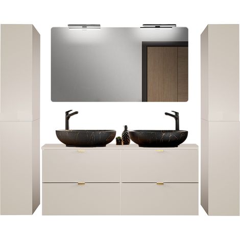 Badmöbel Set 4-teilig mit 120 cm Doppelwaschtisch & Spiegel mit LED-Beleuchtung, in Beige - DURANGO-56 (1/5)