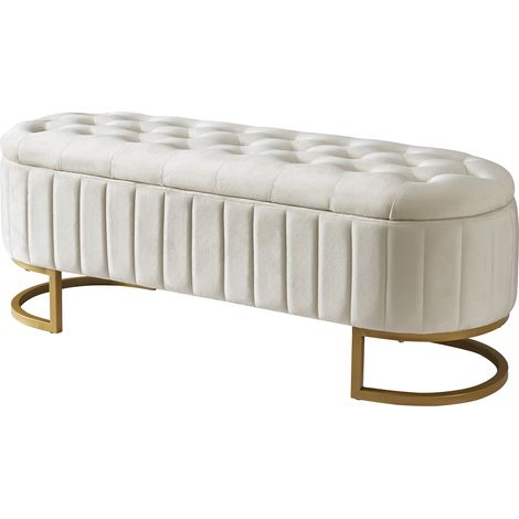 ELVMI Sitzbank mit Stauraum und Gepolsterter Sitzflaeche, Fusshocker fuer Wohnraum oder Flur, aus Samt Beige, 120 x 39.9 cm (1/4)