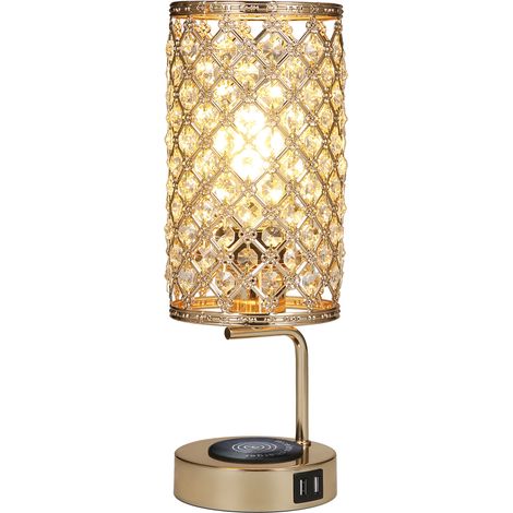 Lampe de chevet cristal dorée avec chargeur sans fil et ports USB, variateur tactile 3 niveaux, ampoule LED incluse (1/5)