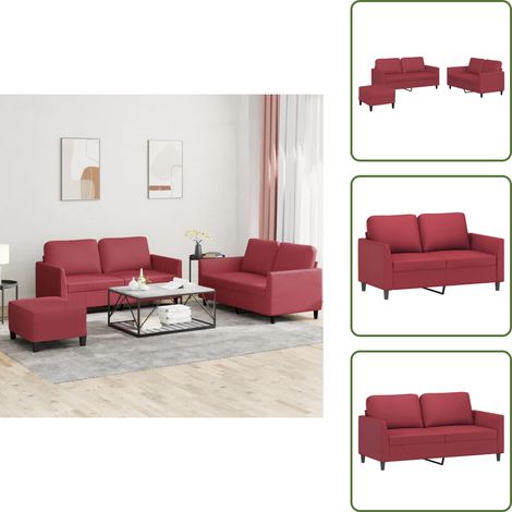 vidaXL Juego de sofás con cojines 3 piezas cuero sintético rojo tinto (1/5)