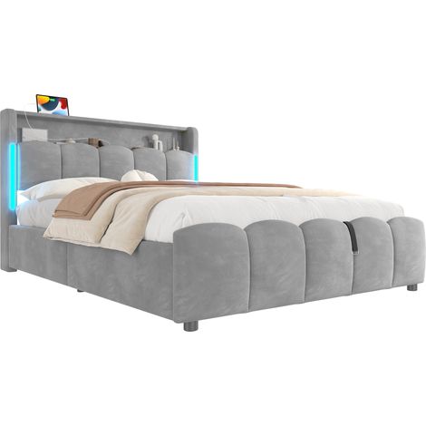 Stauraumbett 140 x 200 cm aus Samt, LED, USB und Type-C, Stauraumkopfteil, ohne Matratze, Grau (1/5)