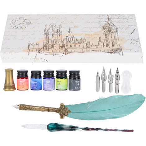 Calligraphy Pen Set Glass Ink Feather Fountain Pen with Replaceable Nib Writing Gift Box KitSP118043 Pearlescent Dark Green (1/5)