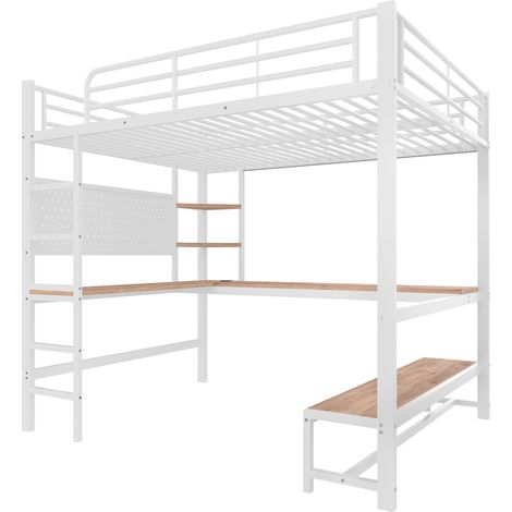 Letto a soppalco 140 x 200 cm in metallo con scrivania, LED, USB-C, ripiani, bianco (1/5)