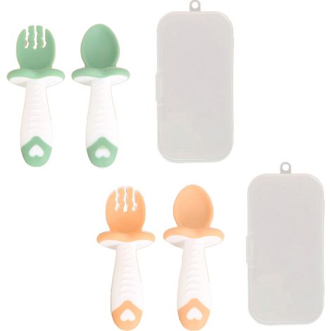Cuillère Et Fourchette Pour Bébé - Manche Court En PP Et TPE - Lot De 2 Cuillères + 2 Fourchettes + 2 Boîtes De Rangement - 10 x 3 cm (1/5)