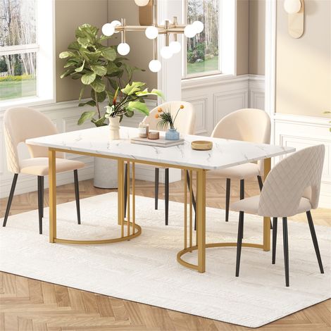Table de salle à manger rectangulaire 140x80 cm, motif marbre moderne avec pieds réglables, table de cuisine moderne pour salle à manger, salon - Doré (sans chaises) (1/5)