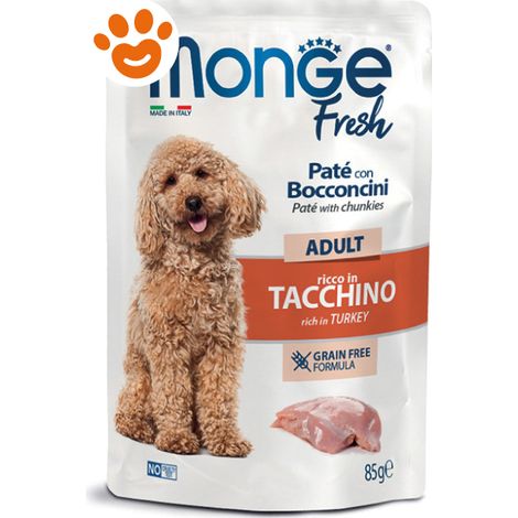 Monge Fresh Dog Adult Paté con Bocconcini ricco in Tacchino - Bustina 85 Gr - Cibo Umido Cani