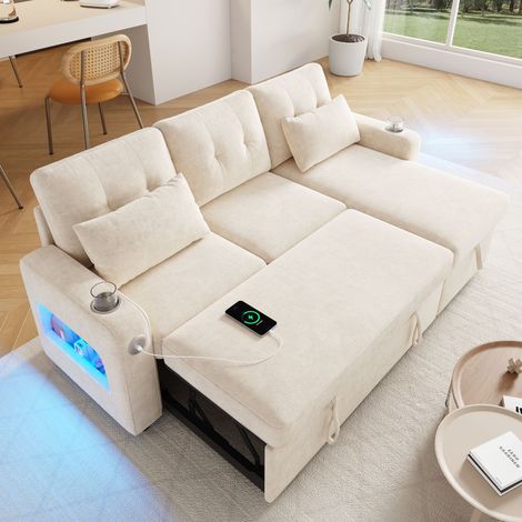 Canapé Lit D'Angle L-Shape 206x131cm - Convertible - Rangement Sous Chaiselongue - LED 3 Couleurs - Ports USB/Type-C - Tissu Chenille - Capacité 150kg/Siège - Beige (1/5)