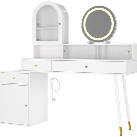 Toeletta con specchio LED, USB, Type-C e 2 prese, design L, bianca (1/5)