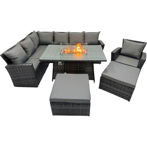 Fimous Poly Rattan Outdoor Patio Gas Firpit Dining Table Corner Sofa Set with 2 Big Stools Chair for Garden Backyard Dark Grey Mixed (1/5)