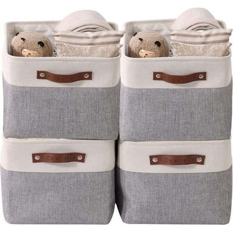 paniers de rangement pliables en tissu cationique robuste et pliable avec poignées pour étagère pour chambre d'enfant ou penderie (Gris et blanc, Large - 4 Pack) (1/5)