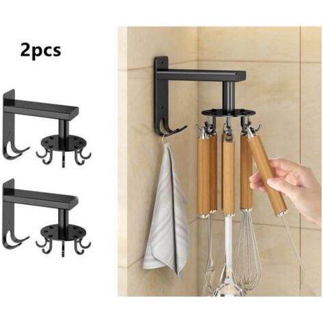 2 crochets de cuisine pivotants, crochets de rangement pour ustensiles de cuisine sans trou, crochets en aluminium Space, noir