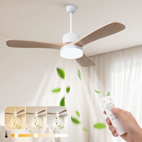 Ventilador de techo con luz y mando a distancia, 3 aspas, silencioso 6 velocidades, Ø 106,6 cm, Roble claro (1/5)
