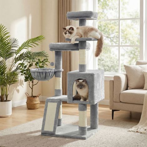 Arbre à Chat avec 3 Plateformes, Maison et Panier, Griffoir, pour Salon, Hauteur 136 cm, Gris (1/5)