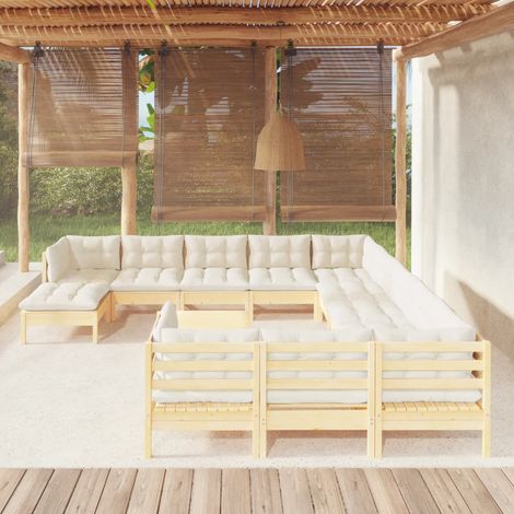 Salon de jardin 13 pcs,Mobilier de terrasse,Table et Chaise pour Relax avec coussins crème Bois de pin -YZ699611 (1/5)