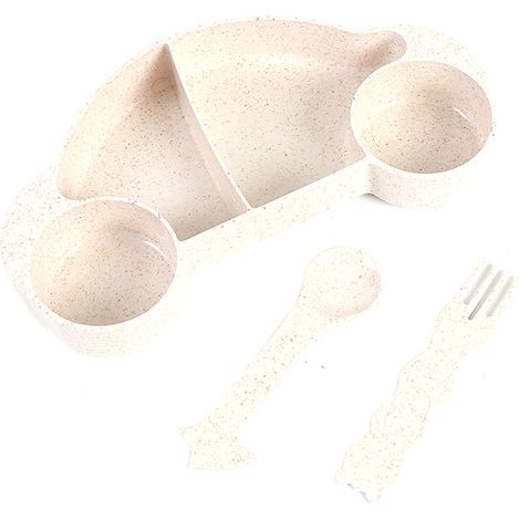 Lot de 3 bols et couverts en paille de blé, fourchette et cuillère pour enfant, bol à fruits en plastique, set de table beige (1/4)