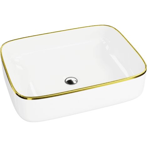 LAVITA Aufsatzwaschtisch Galera Gold Line Aufsatzwaschbecken Rechteckig Waschbecken Ohne Überlauf und Hahnloch Aus hochwertigem Porzellan Waschtisch 50,5x40x14 cm Weiß/Gold (1/4)