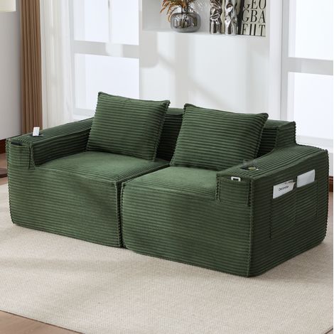 Canapé modulaire 2 places 188x90x75 cm vert en velours côtelé avec porte-gobelets et poches (1/5)