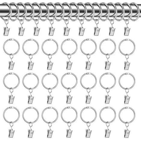 Gardinenringe, 30 Stück mit Clips, 32 mm Gardinenclipringe, silberne Gardinenhaken, Gardinenstangenringe, Metall-Gardinencliphaken, Gardinenhaken für Badezimmer und Balkon (1/5)