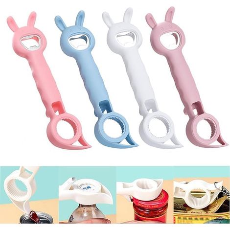 Lot de 4 décapsuleurs multifonctions en forme de lapin pour pots de confiture, vin, bière, canettes et bouteilles de sauce, multicolores (1/5)
