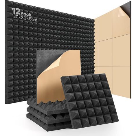 Pack of 12 Self-Adhesive Acoustic Foam Panels 30x30x5cm Soundproofing for Studio or Office (1/5)