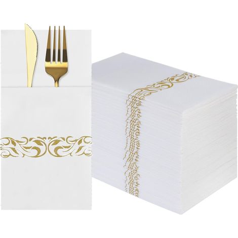 Lot de 50 serviettes de table jetables blanches au toucher lin avec poche intégrée pour couverts - Serviettes en papier doré pour fête, mariage (1/5)