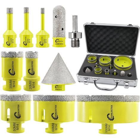 Foret Diamant Carrelage Kit - 11pcs (6/8/10/20/35/50/68/100mm+20mmFraise Diamant+50mmMèches de Chanfrein+Adaptateur) Carrelage Céramique Porcelaine Marbre Granit M14 Filetage (1/5)