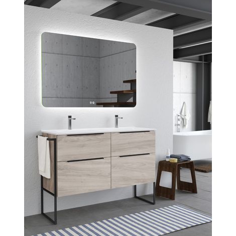 Mueble Baño al Suelo con Lavabo Cerámico 2 cajones con Cierre Amortiguado y Organizador 120cm (2 Senos) Pino Gris (1/5)