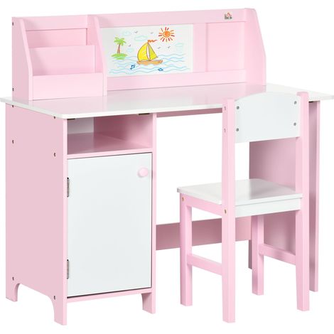 Banco Scuola per Bambini con Sedia in Legno Bianco e Rosa