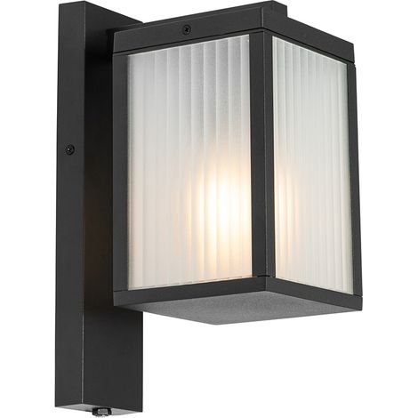 QAZQA Moderno Farol de pared exterior negro con cristal acanalado y sensor crepuscular - Charlois Aluminio /Vidrio Rectangular Adecuado para LED Max. 1 x 40 Watt
