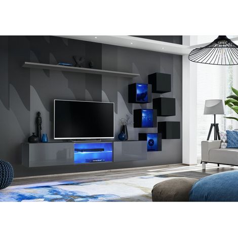 Ensemble meuble TV mural Switch XXI - L 240 x P 40 x H 120 cm - Gris et noir - Livraison gratuite
