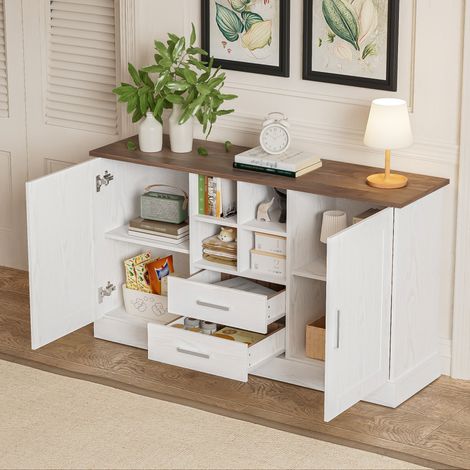 Buffet 140x40x79.5 cm con 2 cassetti e 2 porte, scaffali aperti, truciolato, bianco (1/5)