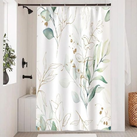 Rideau de douche vert, rideau de douche feuilles d'eucalyptus abstrait doré botanique rideaux de bain anti-moisissure imperméable tissu polyester rideaux de bain avec 12 crochets 120 x 180 cm (1/5)
