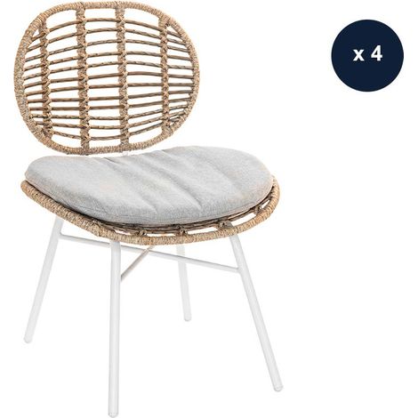 Lot de 4 Chaises de jardin en résine tressée FLORES avec coussin chiné gris/beige (1/5)