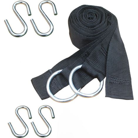 kit fixation hamac arbre incl 2 sangles en polyester résistants aux UV 2,5m long 5cm large et 4 crochets S en acier poids supporté 300kg