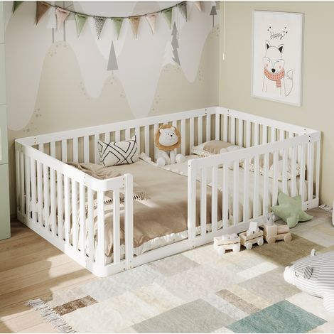 Lit enfant 90x200 cm avec barrière semi-fermée, structure basse, en bois, blanc, sans matelas (1/5)