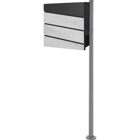 ECD Germany Standbriefkasten mit Zeitungsfach, Design Briefkasten mit Pfosten, Briefkastenanlage, Briefkastenständer Silber Edelstahl, Postkasten Anthrazit Weiß-Marmoroptik Stahl pulverbechichtet