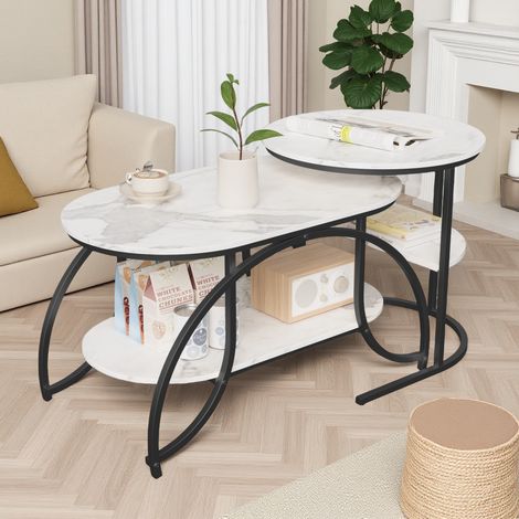Table Basse - Lot de 2, Table de Salon, Buffet Bas, avec Deux Compartiment Ouvert, Cadre en Acier en Forme de U, Style Industriel, Noir - 80 x 46 cm et 52 x 51 cm (1/5)