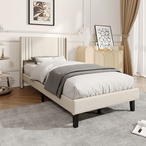 Lit 90x200 cm,lit simple,lit adulte,lit capitonné,avec sommier à lattes,tissu en lin,beige (1/5)