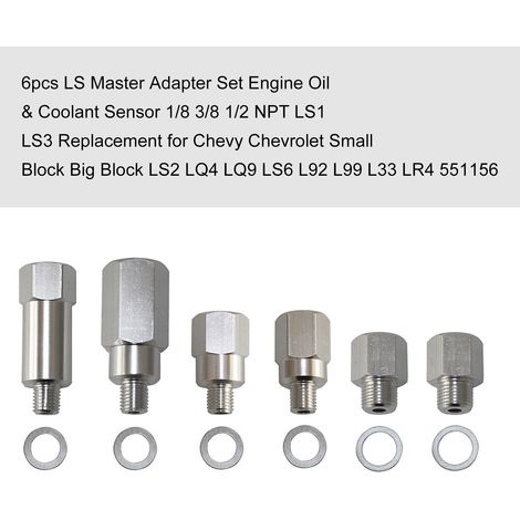Set di 6 adattatori LS Master per sensore olio motore e liquido di raffreddamento 1/8 3/8 1/2 NPT LS1 LS3 ricambio per Chevy Chevrolet Small Block Big LS2 LQ4 LQ9 LS6 L92 L99 L33 LR4 551156 (1/5)