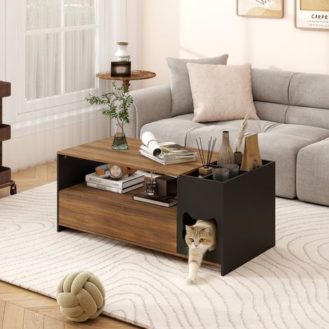 Puluomis – Table basse fixe 105x50x43 cm en bois et métal noir –Avec un panier pour chat – Éclairage LED RGB – Tiroir de rangement – Mode musique – Télécommande– Noir et noyer (1/5)