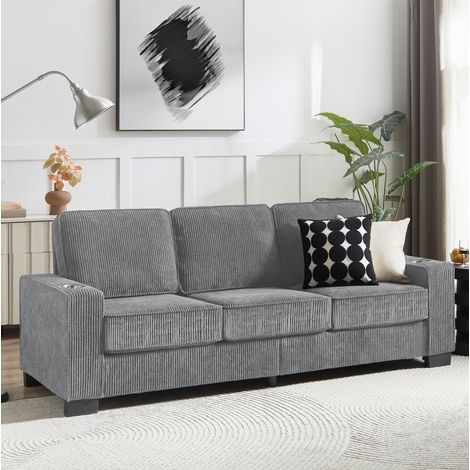 3-Sitzer-Sofa aus grauem Cord, 206 x 72 x 86 cm, mit Becherhaltern OKMYHOME (1/5)