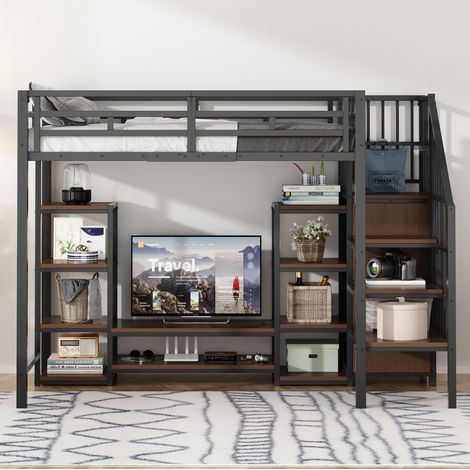 Letto rialzato bambini 90x200 cm con mobile TV, scala contenitore, presa elettrica e ripiani aperti, senza materasso, nero (1/5)