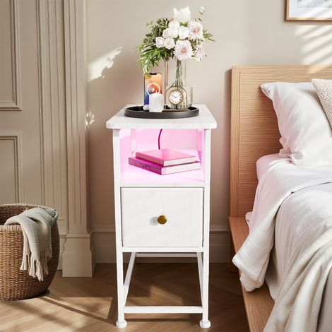 Table de Chevet à 1 tiroir, Avec USB et LED, 60x30x62 cm , Scandinave, Meuble de Chambre, MDF&Métal, Manche Couleurs Dorées, Blanc (1/5)
