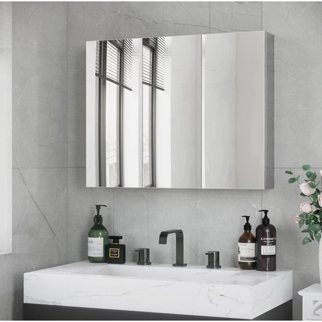Badmöbel Hängeschrank modern aus Edelstahl in Silber mit 3 Spiegeltüren und 3 Ablagen, 70 x 12 x 55 cm (1/5)