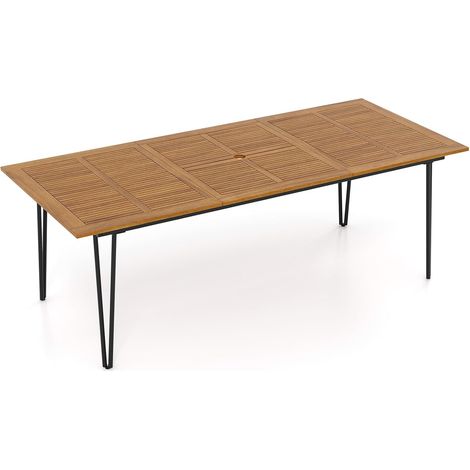 COSTWAY 220 x 95cm Patio Dining Table Acacia Wood Tabletop with Umbrella Hole