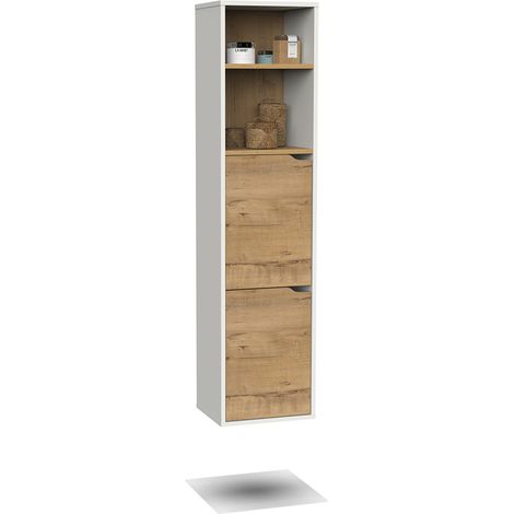 Colonne de salle de bain murale suspendue avec 1 porte coloris Chêne doré/Blanc - Longueur 36,5 x Hauteur 150 x Profondeur 30 cm (1/4)