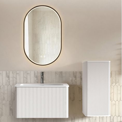 Conjunto de muebles de baño, lavabo con mueble, armario lateral y espejo LED antivaho, diseño acanalado, blanco (1/5)