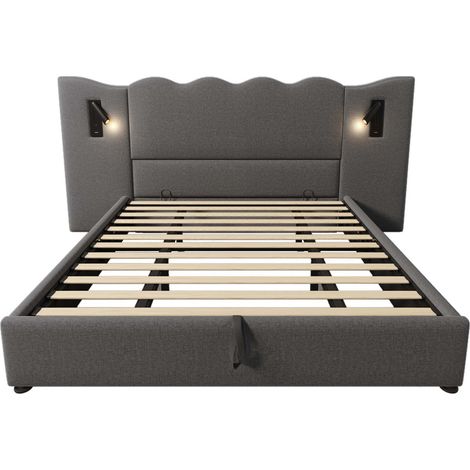 Cama doble 180x200 con lámpara de lectura y carga USB-C, canapé gris de lino, sin colchón (1/5)