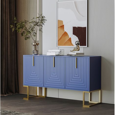 Credenza 3 ante in MDF blu navy con ripiani regolabili, maniglie dorate e base in metallo (1/5)